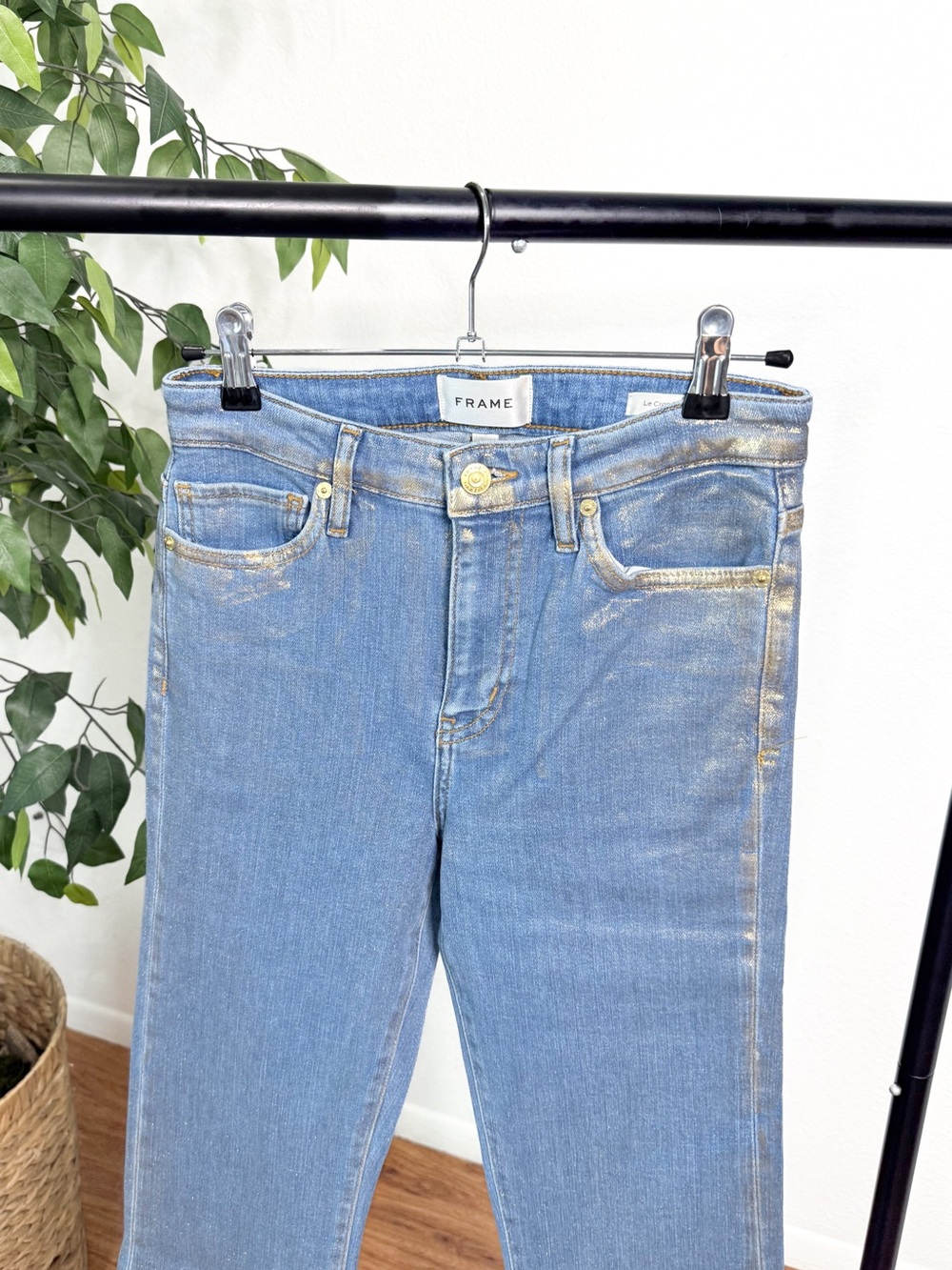 FRAME Le Crop Mini Boot Jeans Women’s Size 26 Light Wash Gold Hologram Metallic - Picture 7 of 13
